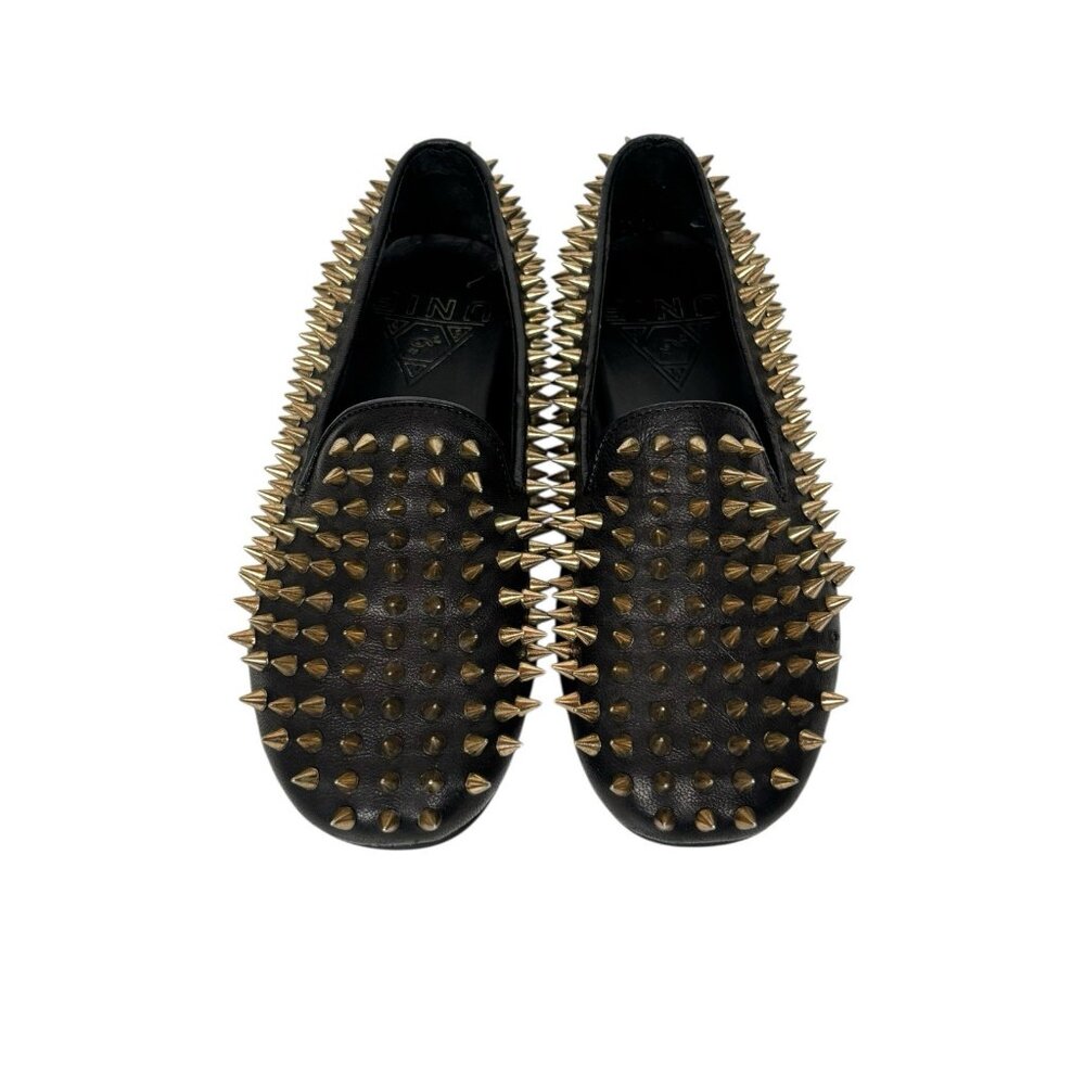 UNIF Hellraisers Womens 5 Spiked Flats Goth Punk Black Gold Leather Whimsigoth - Picture 2 of 8